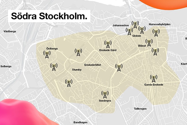 Karta över vart 5G-nätet finns tillgängligt för konsumenter i södra Stockholm